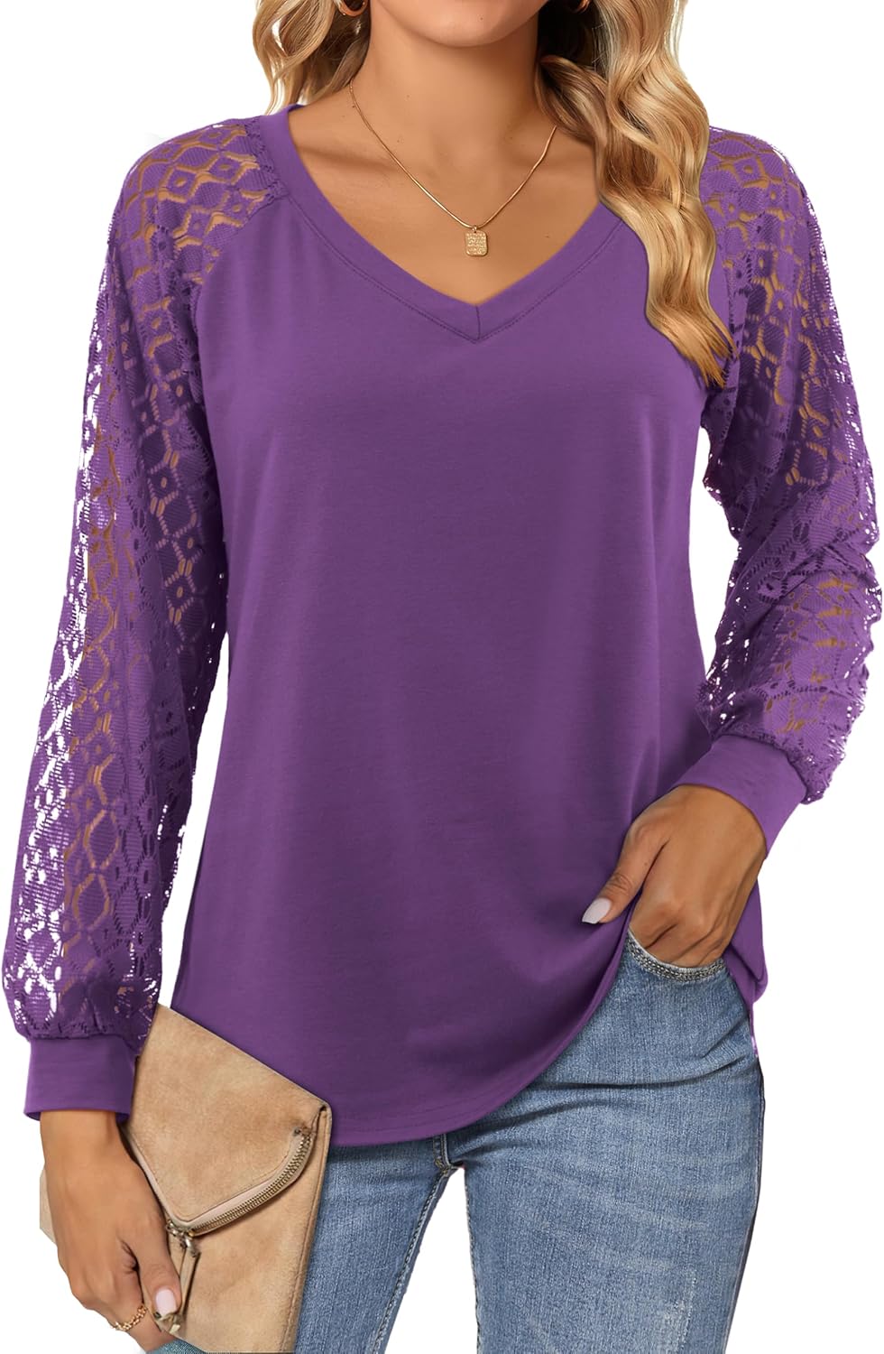 Beluring Womens Lace Long Sleeve Tops Plain V Neck T Shirts Loose Casual Blouse...