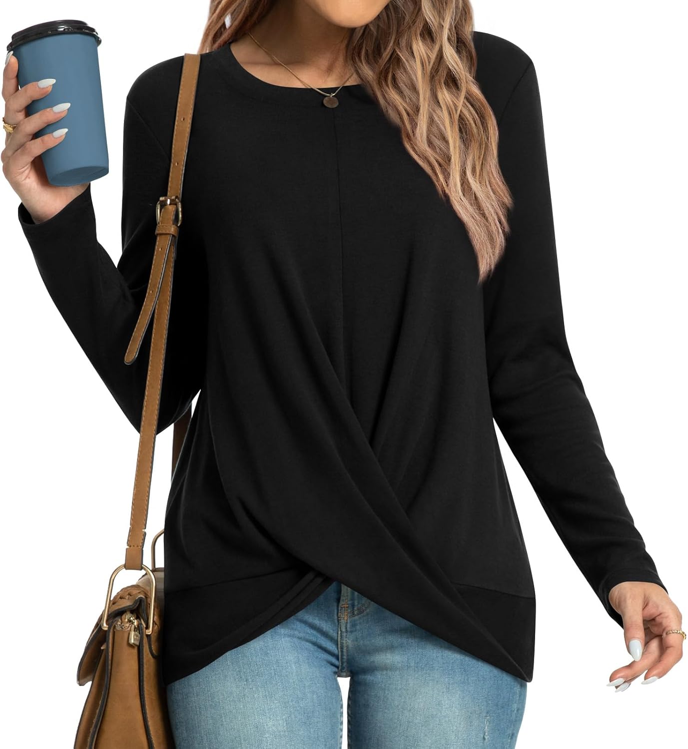 HOTGIFT Women's Long Sleeve Tunic Tops Casual Crewneck T-Shirts Front Twist Top...