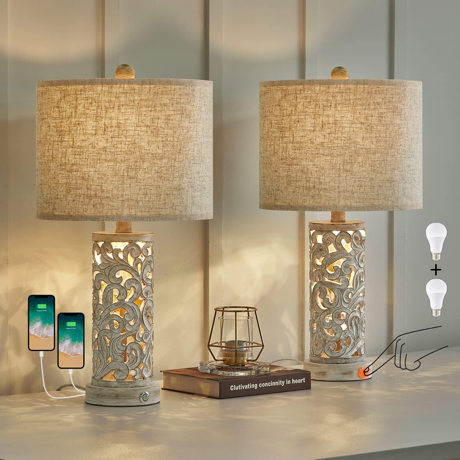 OYEARS 3-Way Dimmable 22'' USB A+C Touch Control Table Lamp Set of 2 with Nightl...