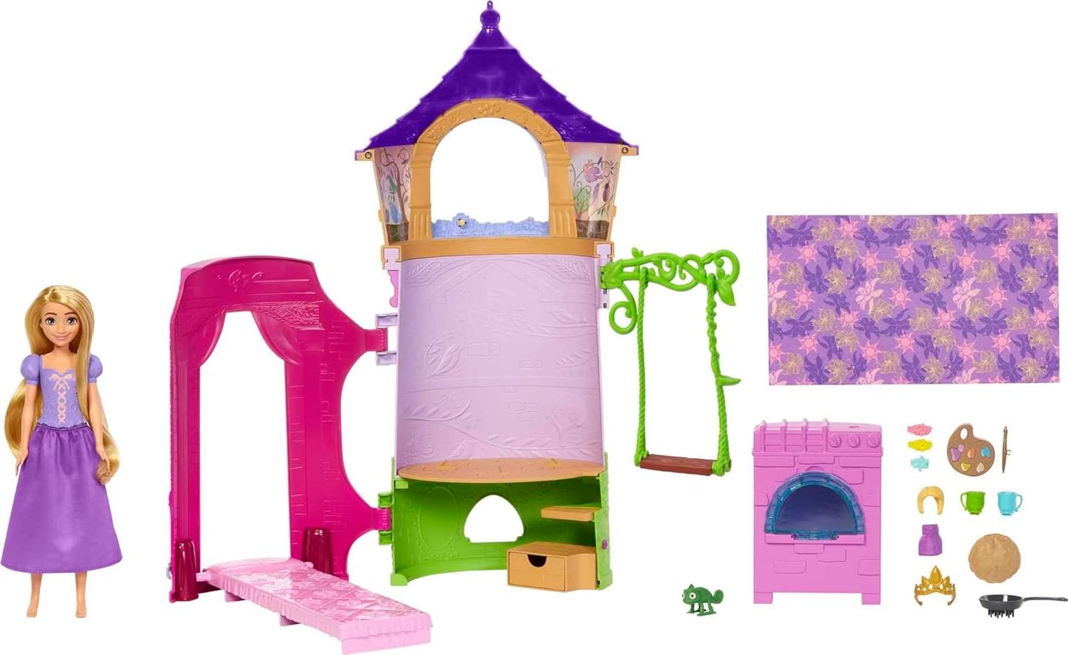 Disney Princess Toys, Rapunzel Posable Doll and Tower Playset with 360 Play, 6 P...
