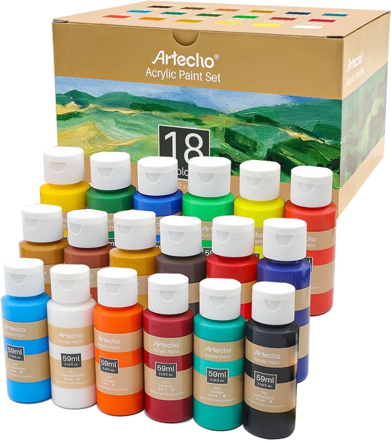 Artecho Acrylic Paint 18 Colors 2 Ounce/59ml, Acrylic Paints Set for Adults, Non...