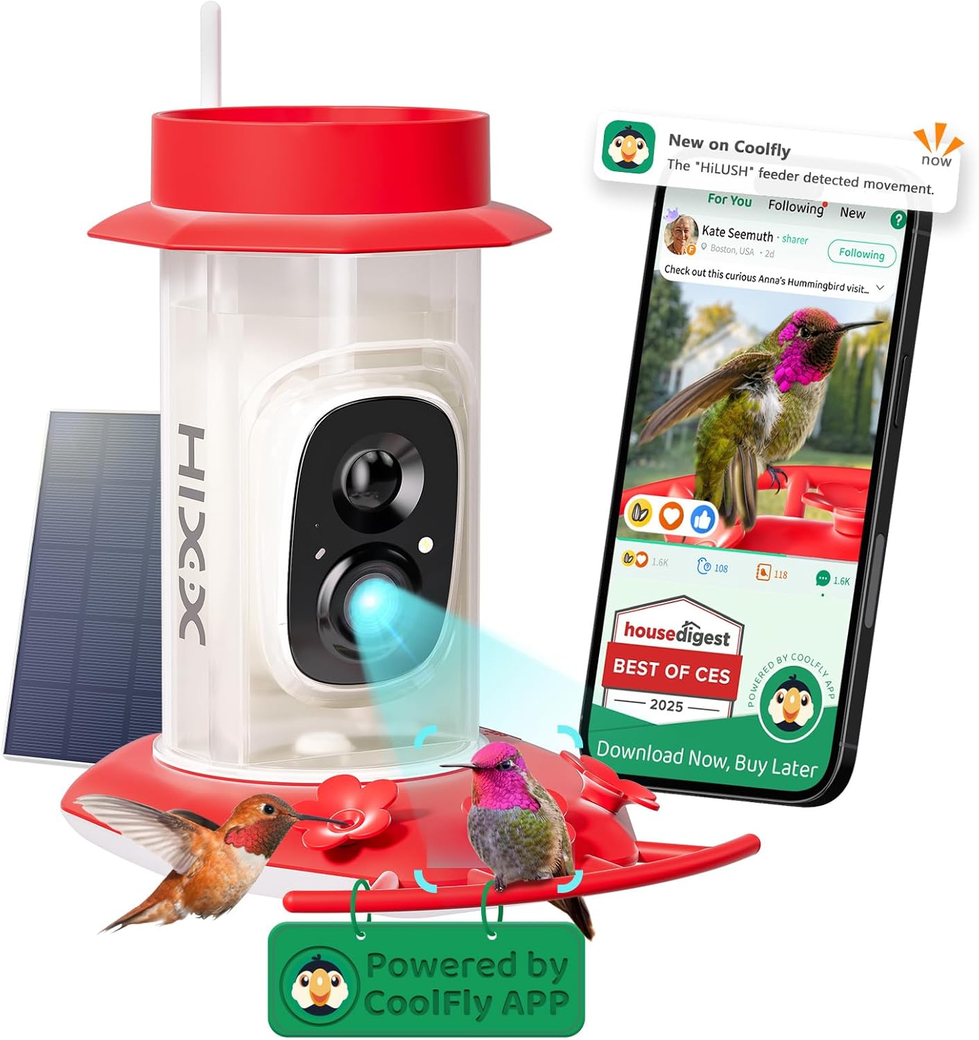 HIXX Smart Hummingbird Feeder with Camera Solar Powered, with Ant Moat & Bee Pro...