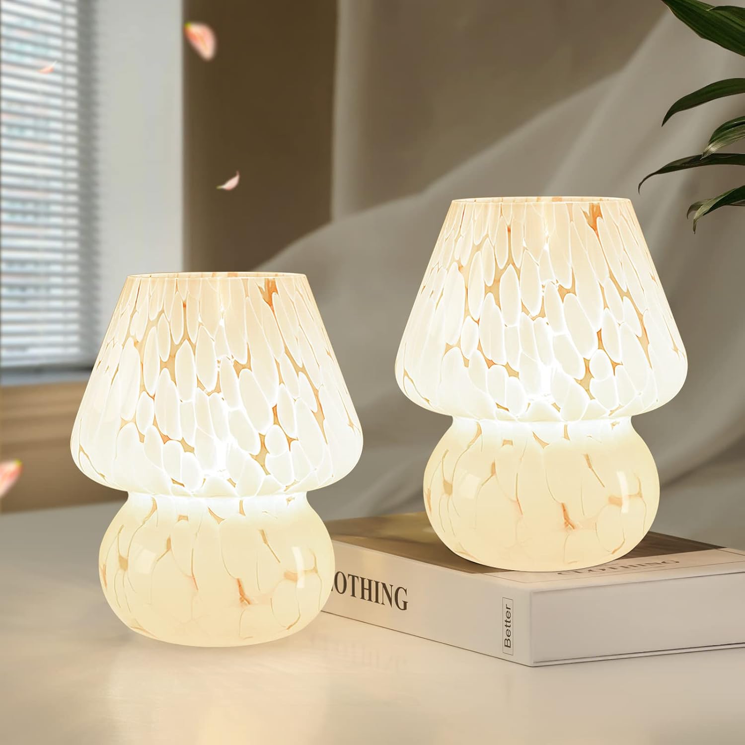 ONEWISH Cute Mushroom Lamp Small Bedside Table Lamp Set of 2 Stepless Dimmable,...