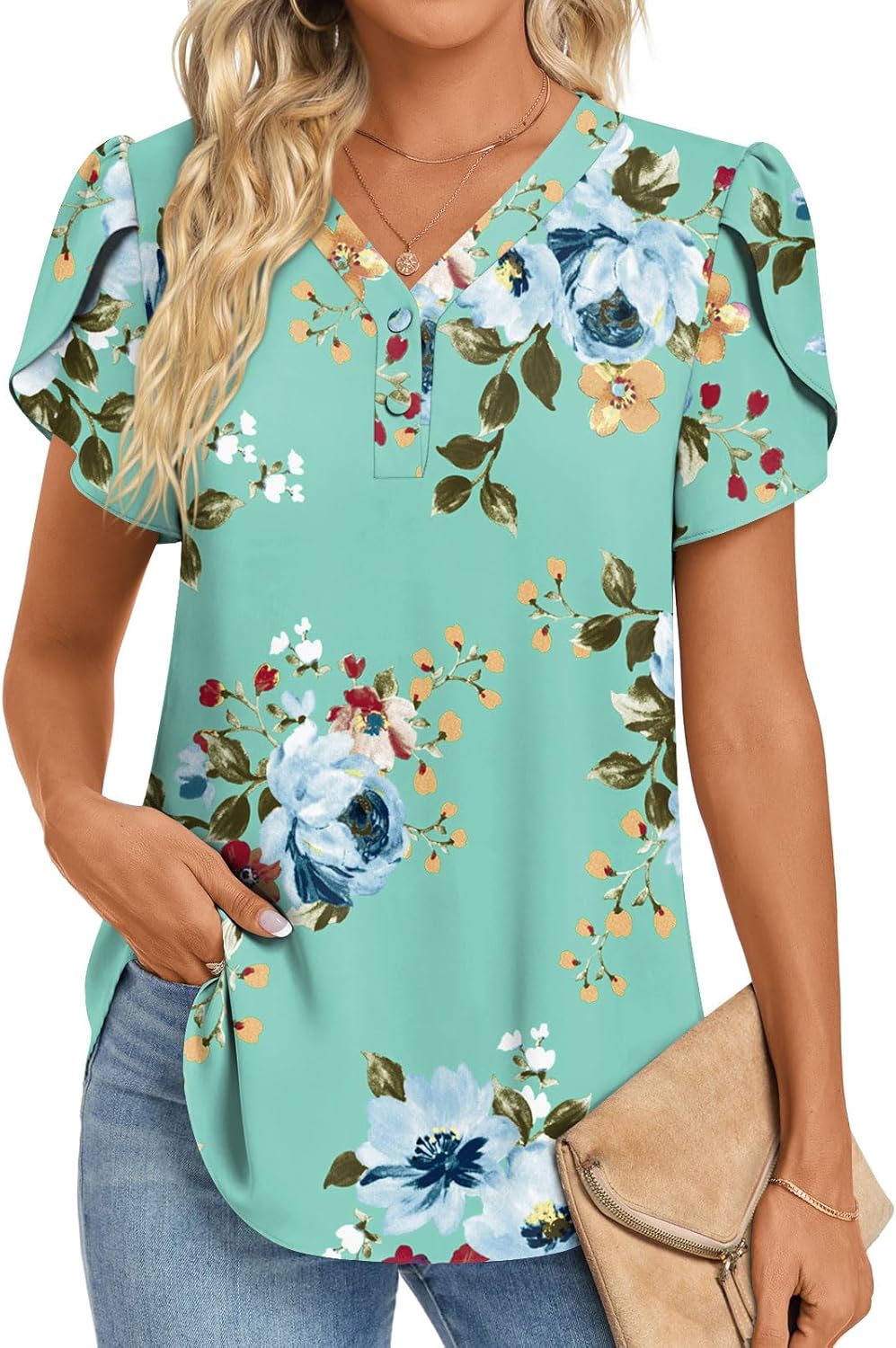 HOTGIFT Womens Blouse 2025 Summer Short Sleeve V Neck Buttons Chiffon Tops M-3XL...