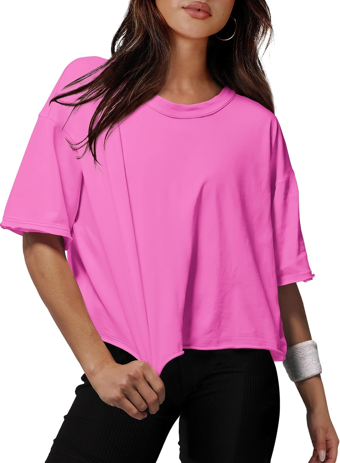 XIEERDUO Cotton Tshirts for Women Drop Shoulder Round Neck Oversized Crop Tops W...