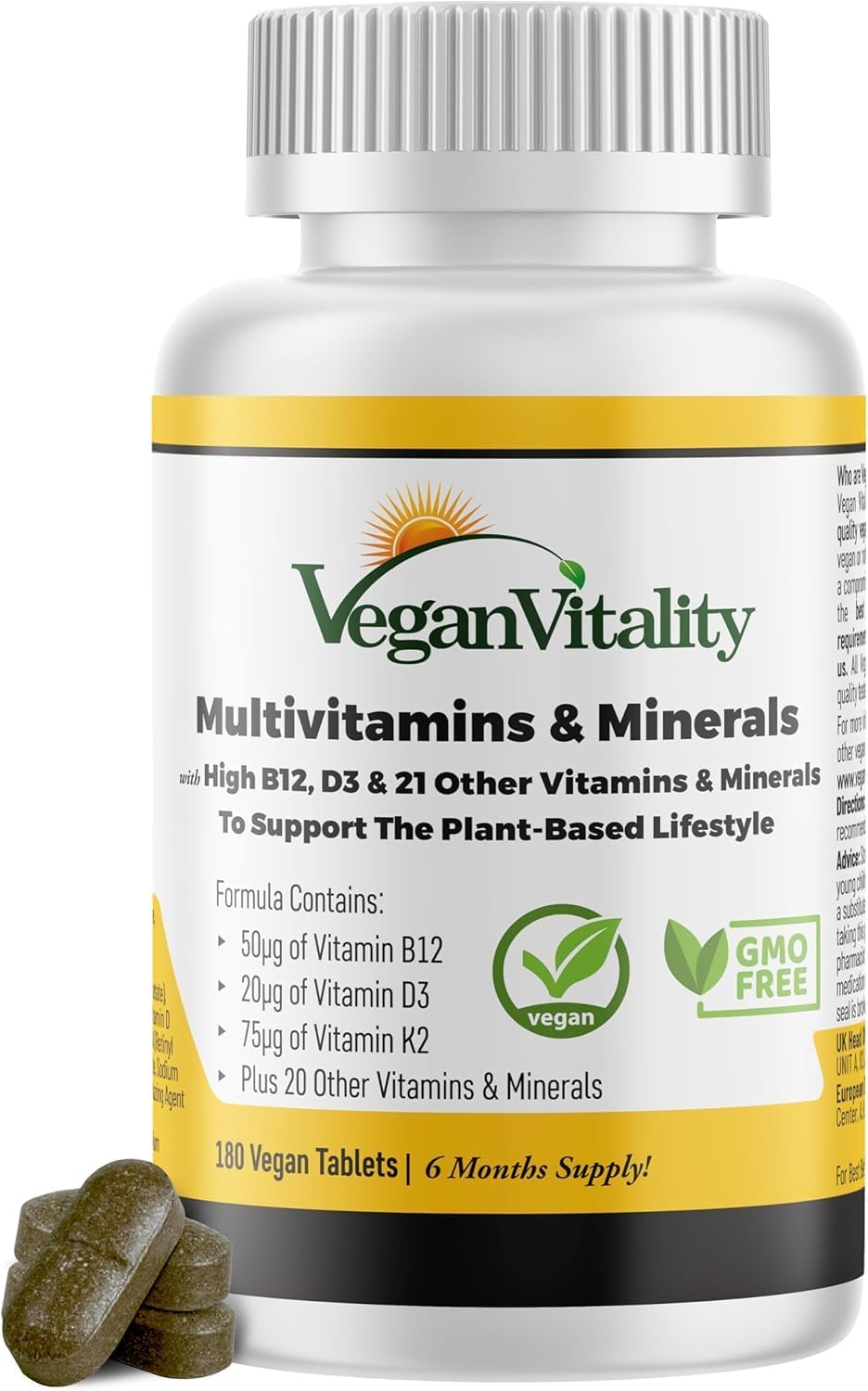 Vegan Multivitamins & Minerals with High Strength Vitamin B12, D3 & K2. 180 mult...