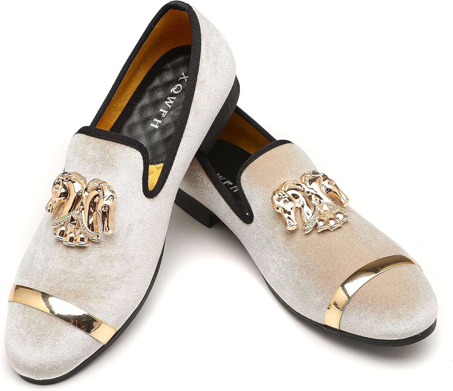 Mens Rhinestone Loafers Velvet Tuxedo Dress Shoes with Gold Plate Smoking Slippe...