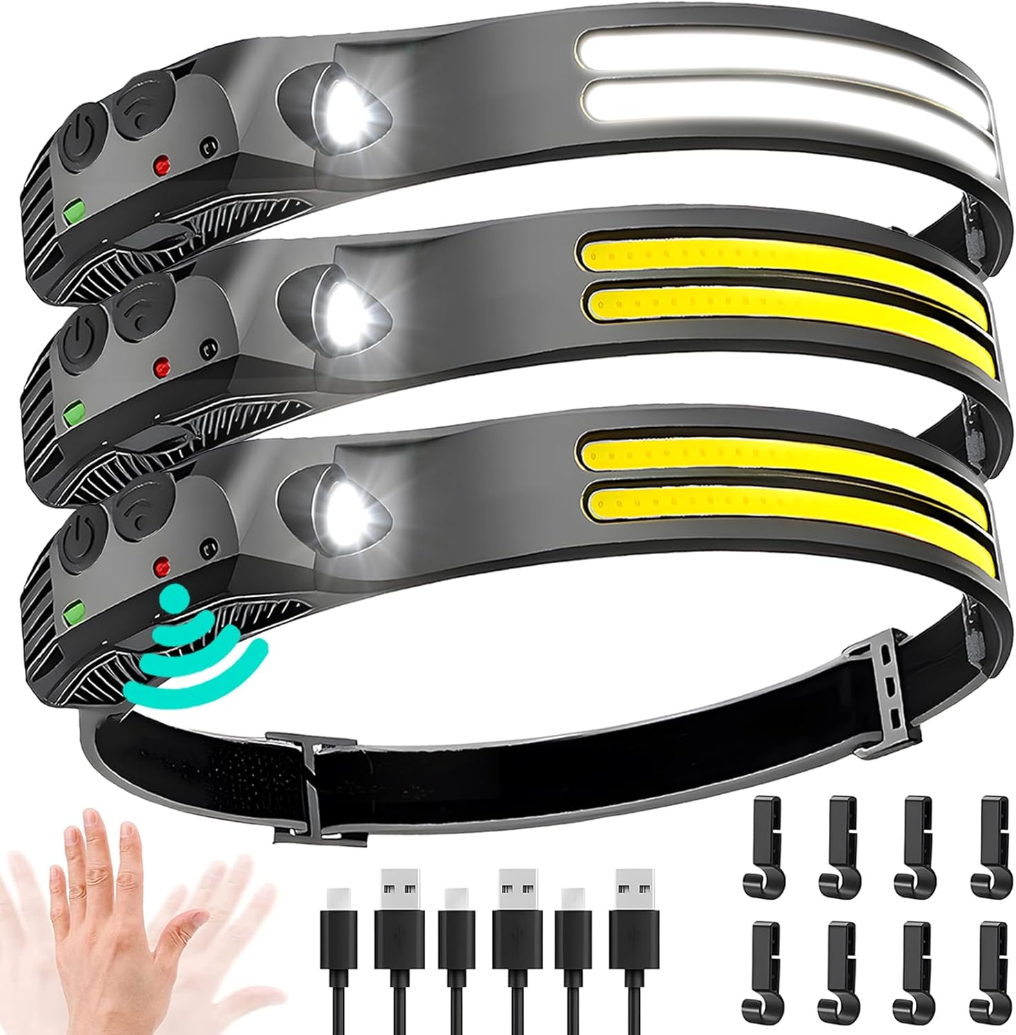 LED Headlamp Rechargeable 3PCS - 230° COB Super Bright Head Lights for Forehead,...