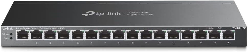 TP-Link TL-SG116P | 16 Port Gigabit PoE Switch | 16 PoE+ Ports @120W | Plug & Pl...