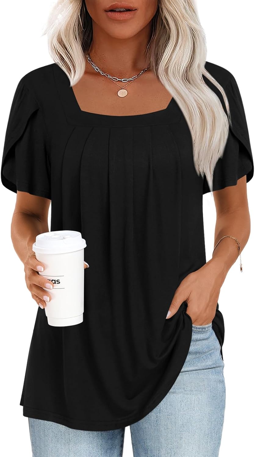 Anymiss Womens Summer Tops Dressy Casual Blouses Square Neck Tunic M-3XL Black X...