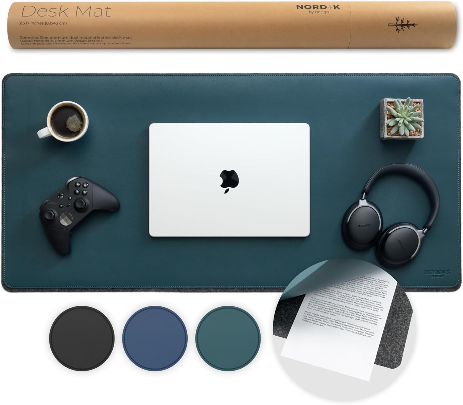 Nordik Felt and Leather Desk Mat Non-Slip - Green - 89 X 43 CM - Felt and Vegan...