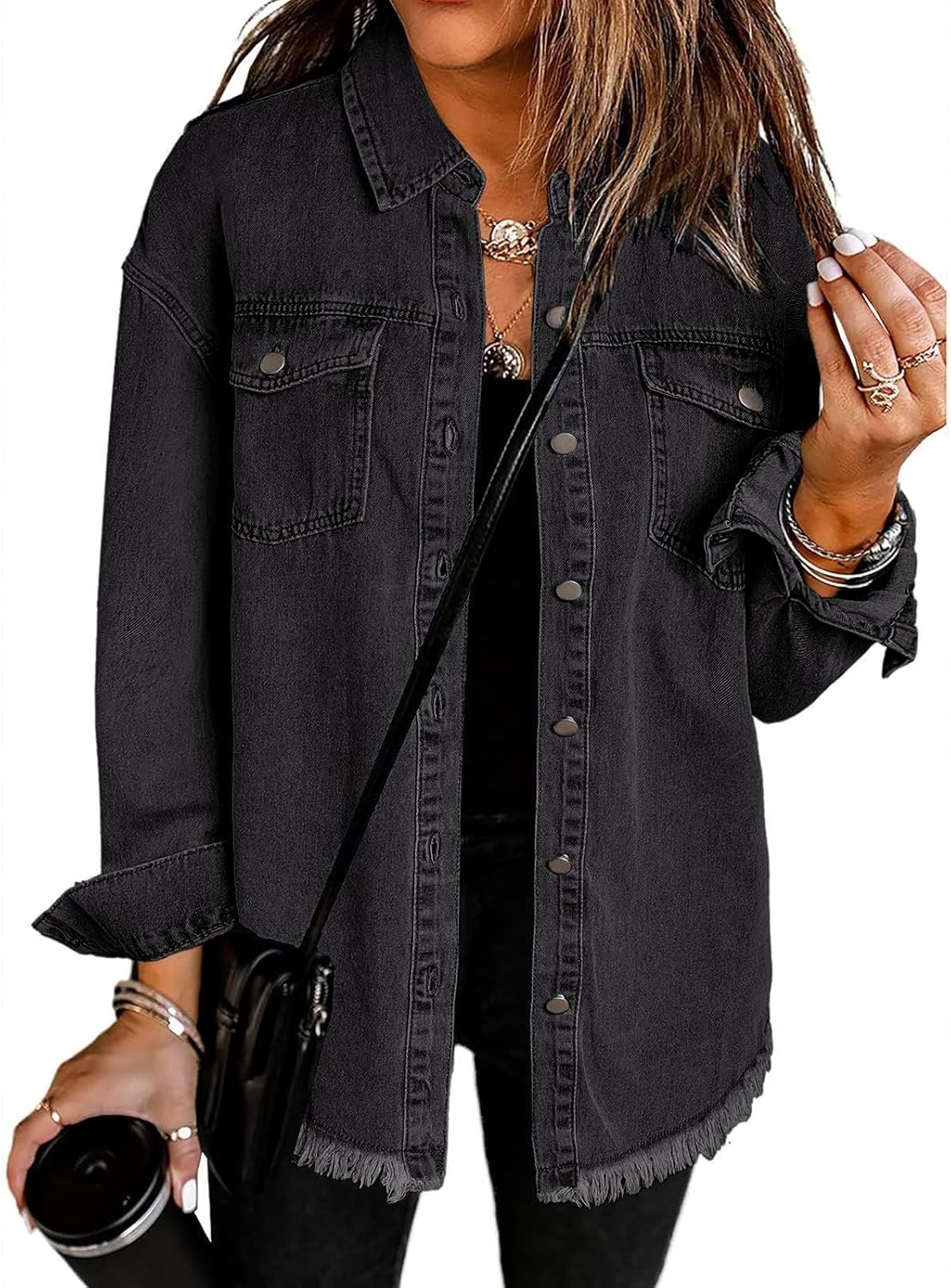 Vetinee Women's Shacket, Unique Oversized Button Up Jacket With Frayed Hem, Fash...