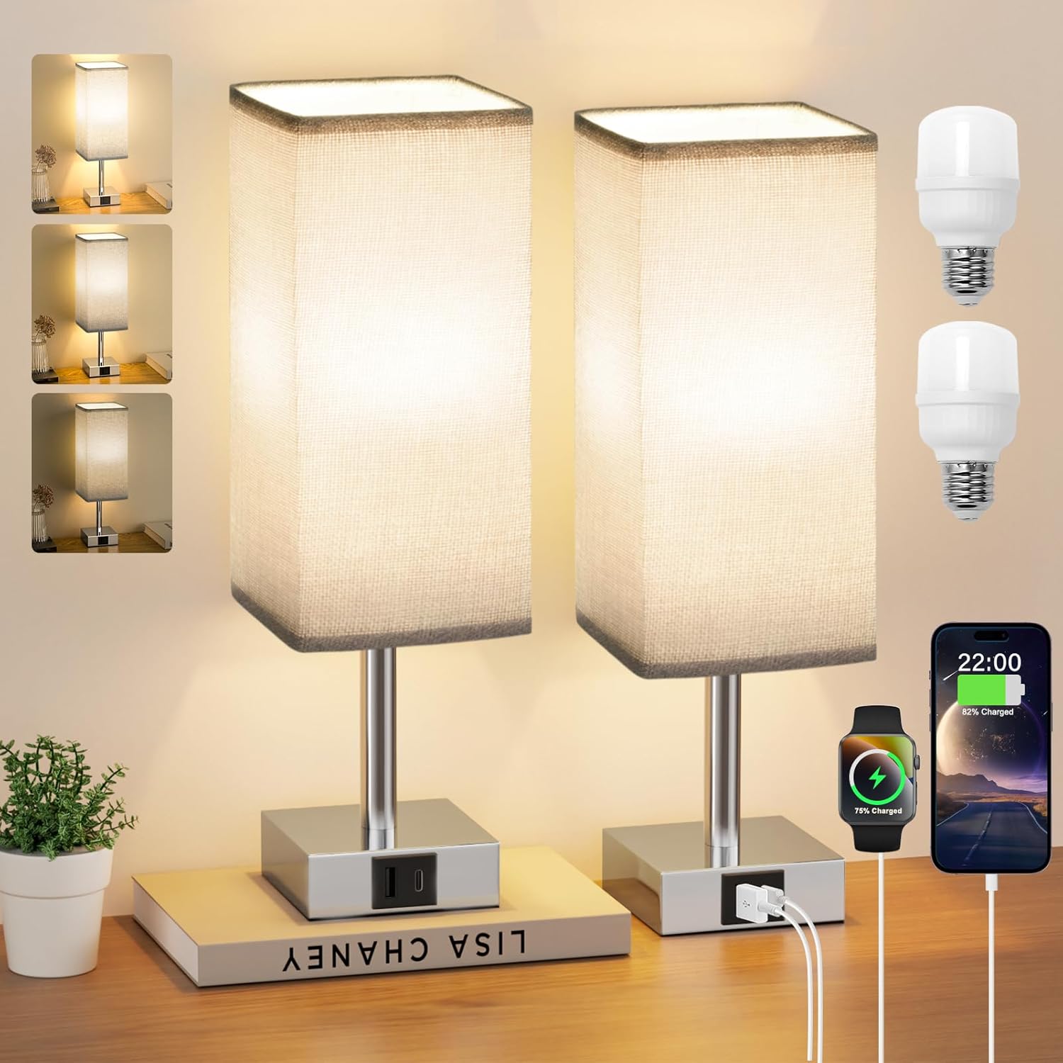 Aooshine Touch Bedside Lamps Set of 2, Touch Bed Lamp with USB-C+A Charging Port...