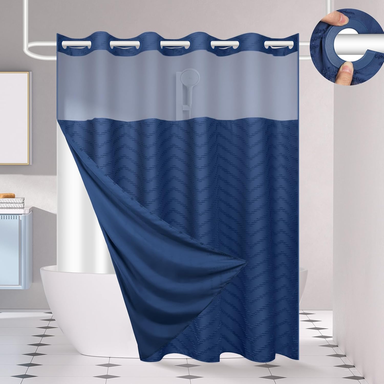 No Hook Shower Curtain and Snap in Liner Set Navy Blue Tufted Chevron Striped Cl...