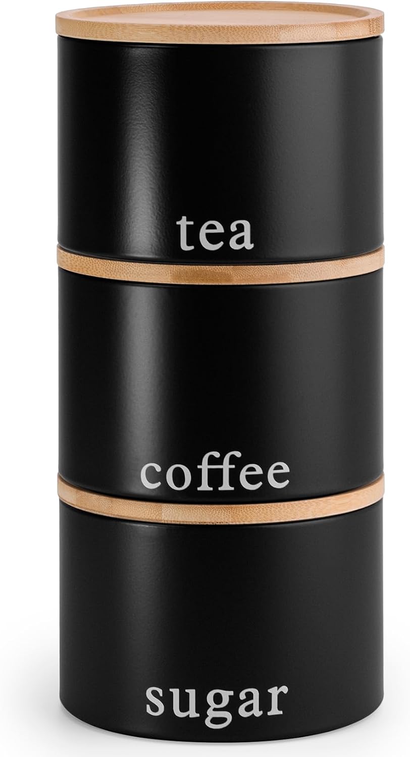 EHC Tea, Coffee, Sugar, Canister Set, Set of 3 Stackable Airtight Food Storage E...