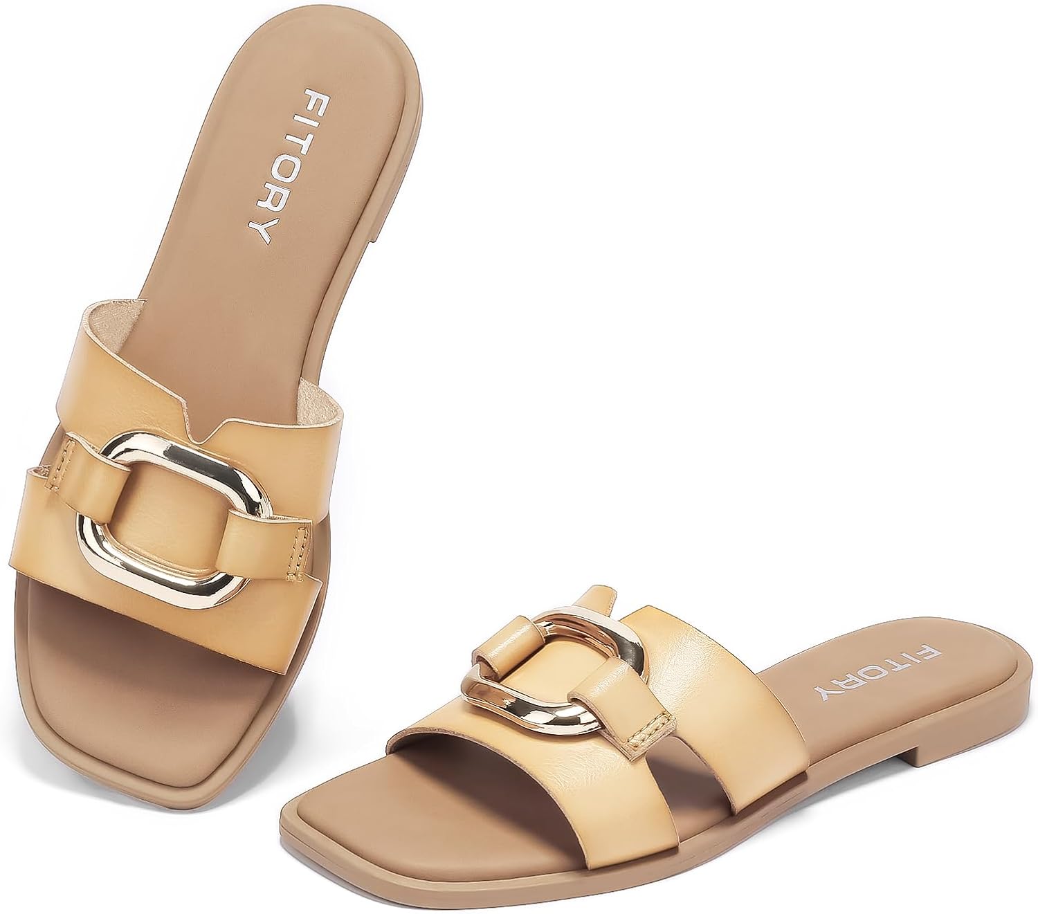FITORY Women's Flat Sandals Fashion Square Open Toe Slides With Metal Chain Slip...