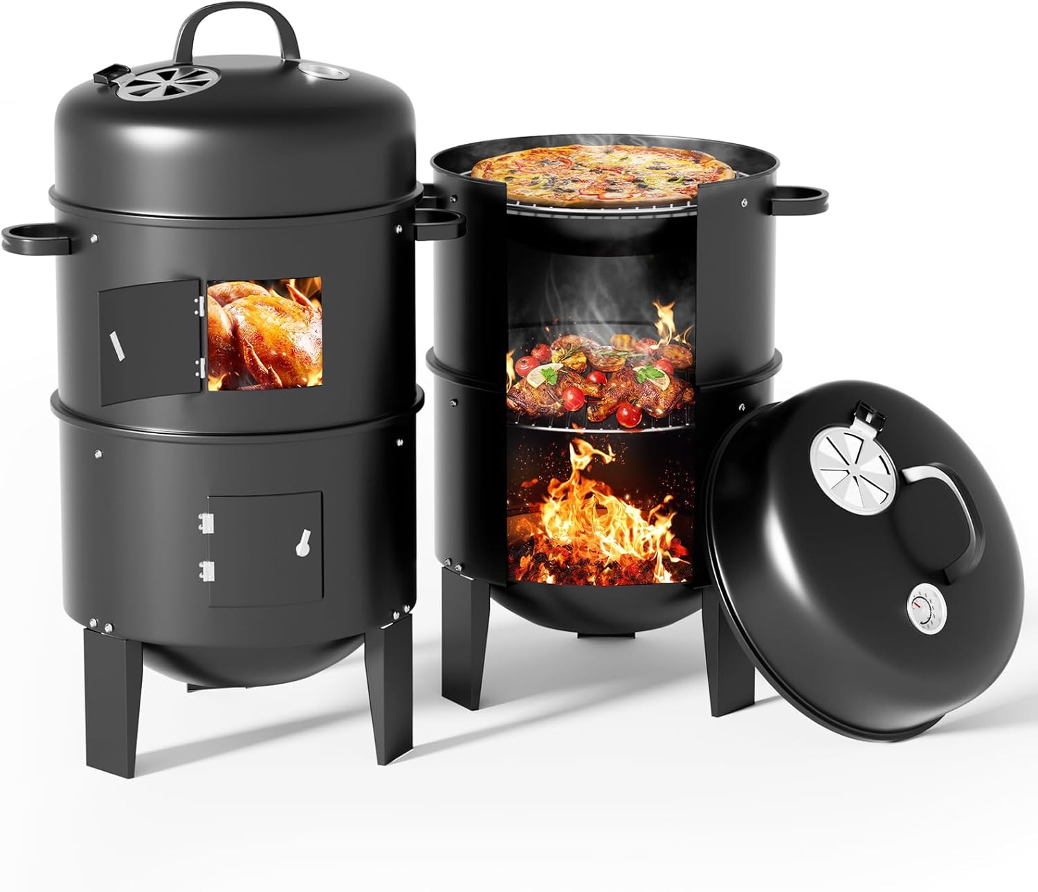 Warmiehomy Round Smoker BBQ Charcoal Barbecues with Temperature Gauge BBQ Charco...