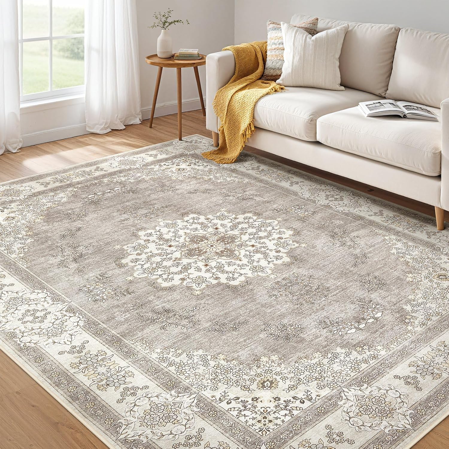 6x9 Area Rugs Living Room: Washable Boho Large Neutral Floral Rug Soft Farmhouse...