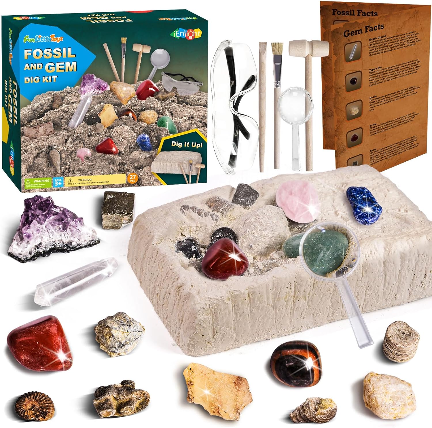 FUN LITTLE TOYS Gemstone Dig Kit with 20 Real Gemstones and Fossils, Science Min...