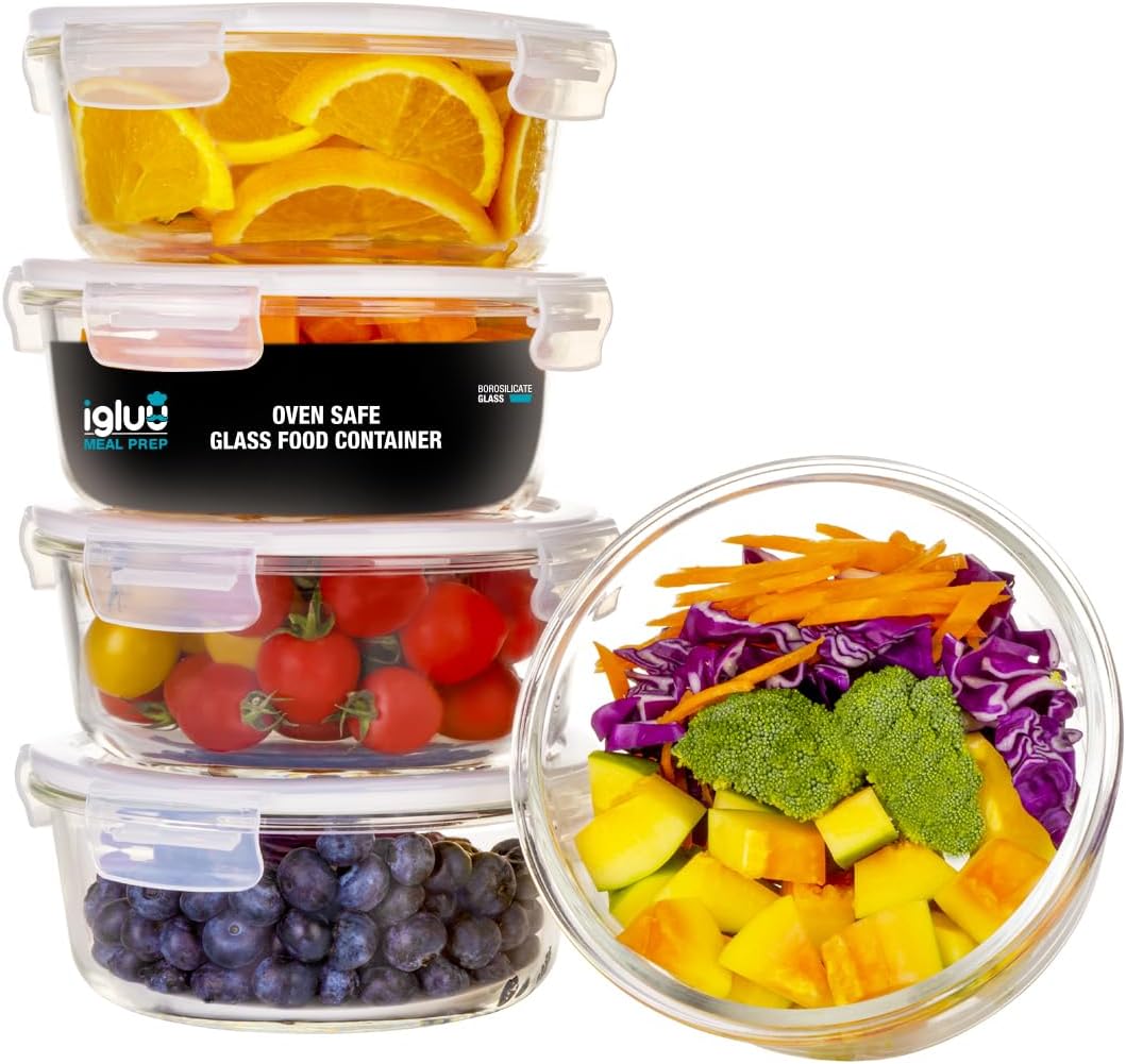 Igluu Meal Prep Glass Containers [5 PACK + EXTRA lid] - Glass Food Storage, Micr...