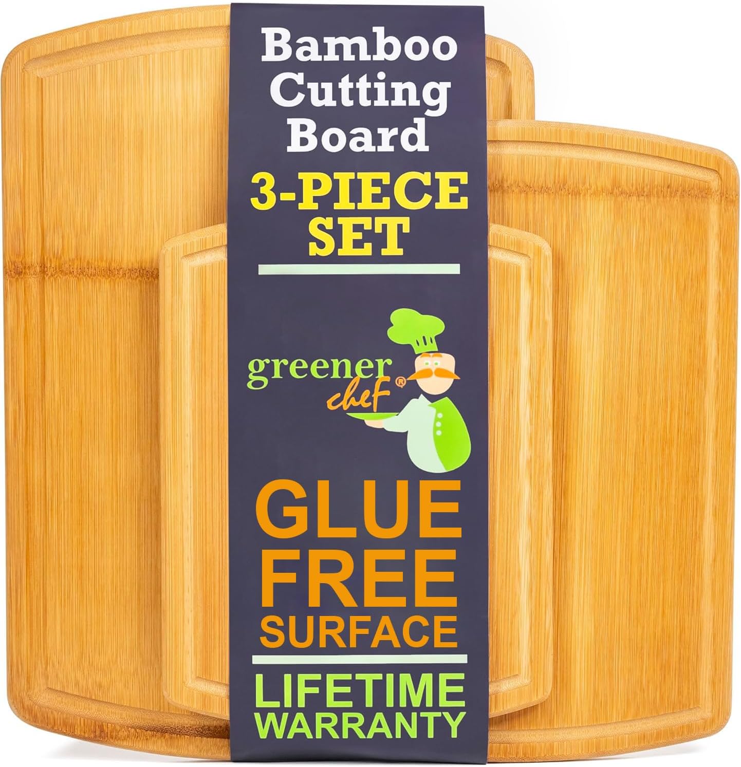 Greener Chef No Glue Bamboo Cutting Board Set of 3 with Lifetime Replacements -...