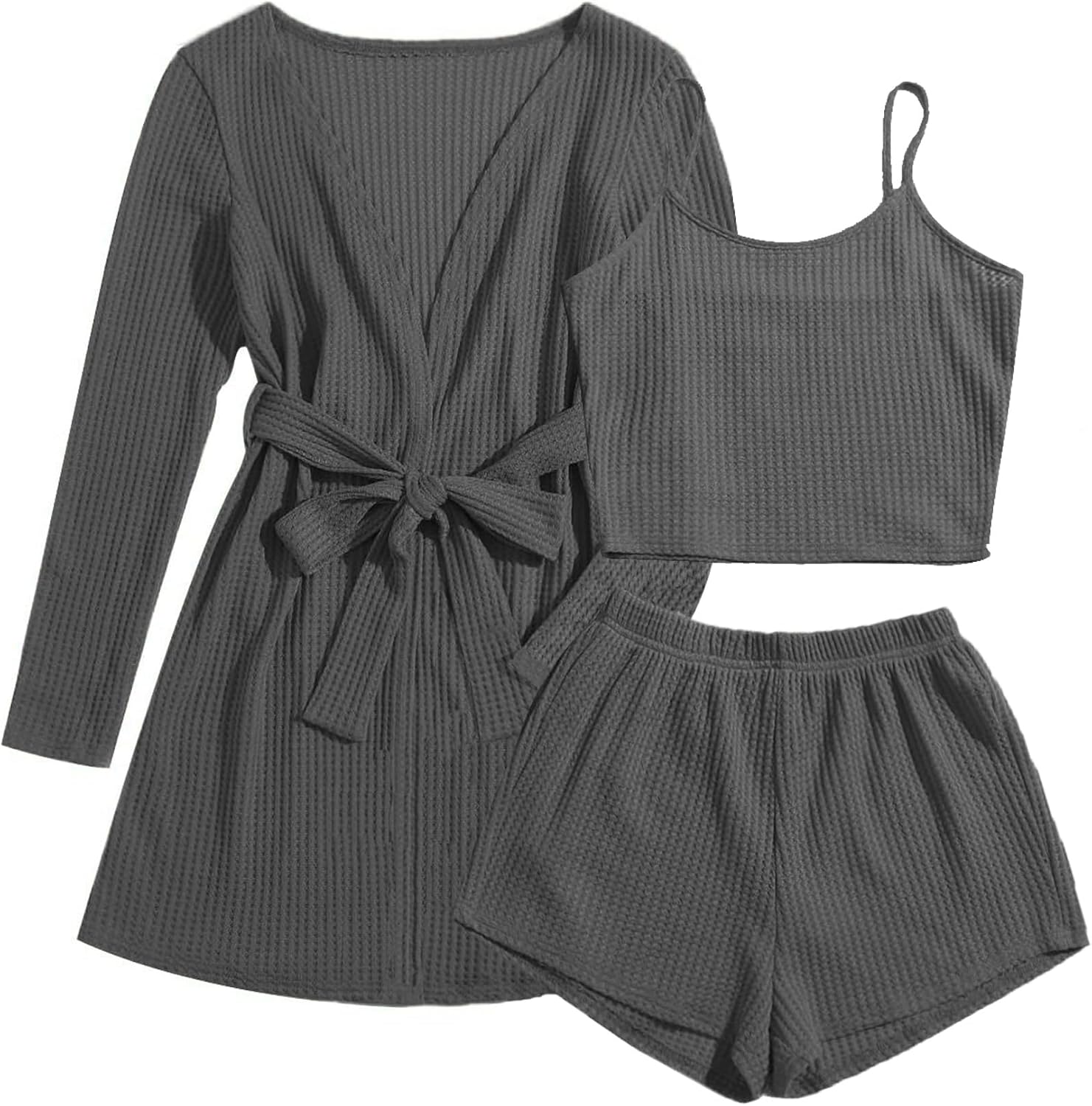 Ekouaer Womens 3 Piece Waffle Knit Lounge Set Soft Pajama Sets Tank Top and Shor...