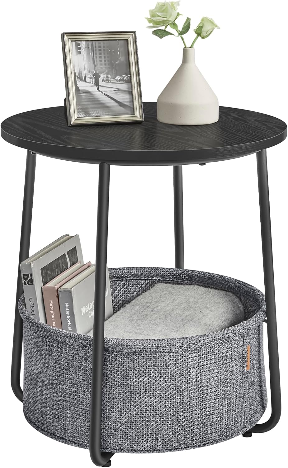 VASAGLE Side Table, Special Round End Table with Fabric Basket, Spacious and Mod...