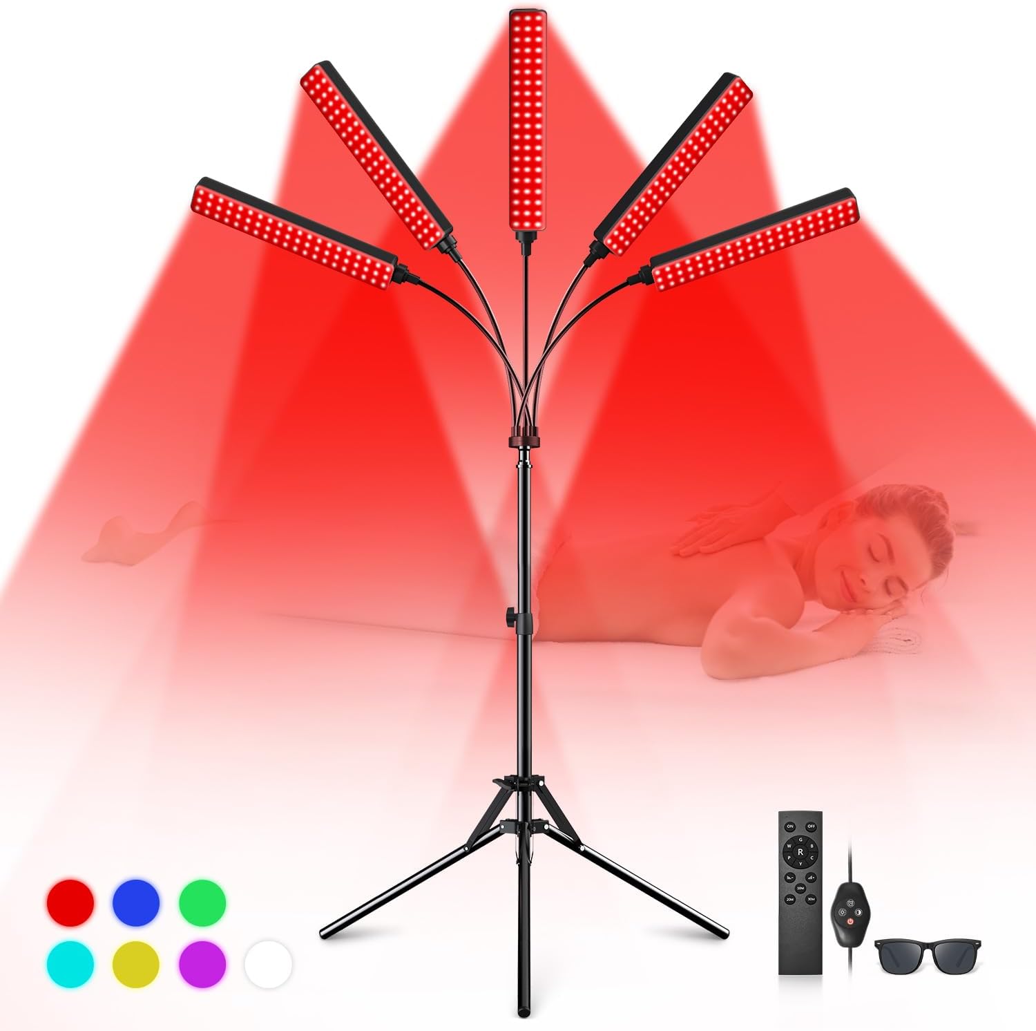 Red Light Therapy for Face Body, 5 Heads Red Infrared Light Therapy Device, 7Col...