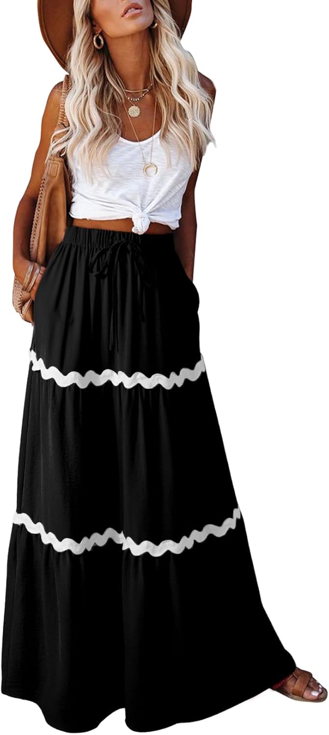 Happy Sailed Womens Boho Maxi Skirts Colorblock Wave Striped Elastic High Waist...