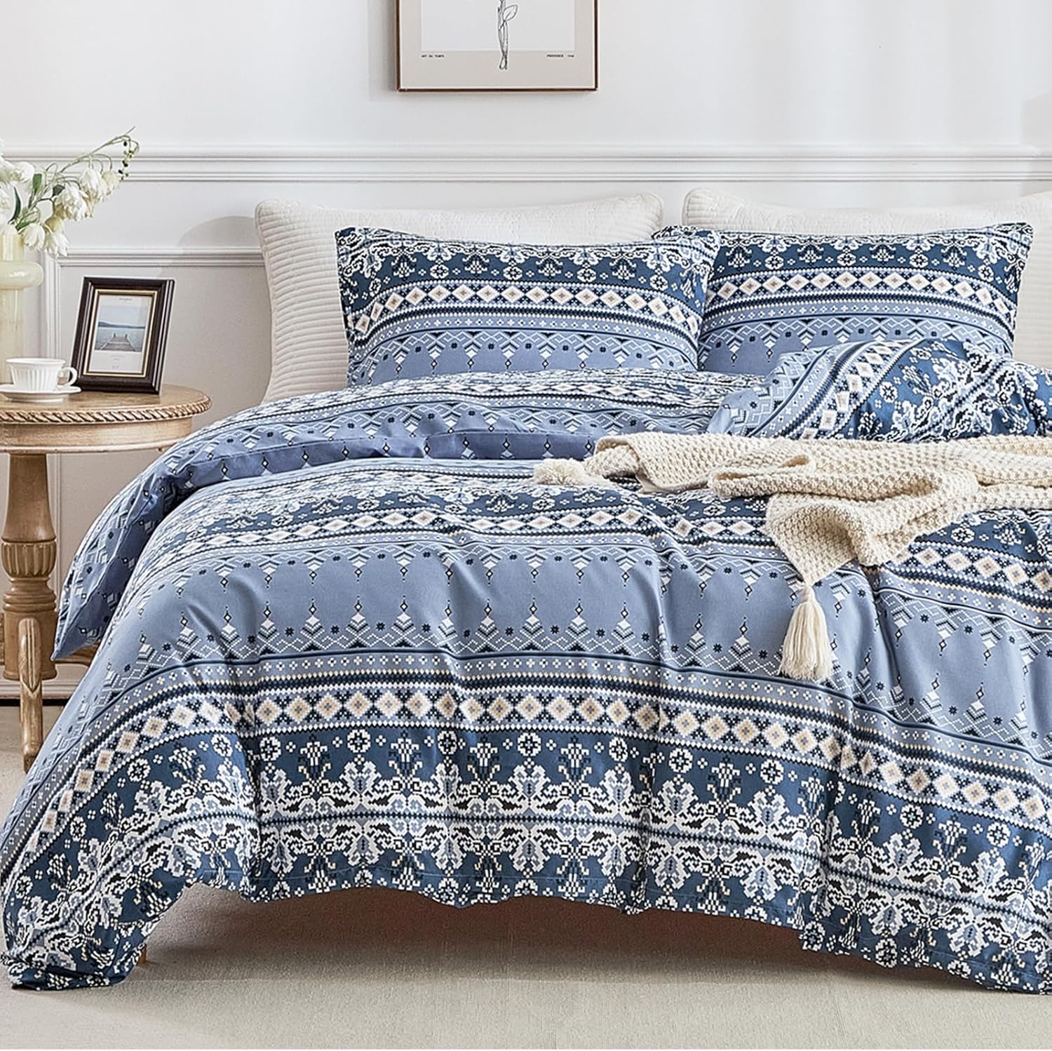 Lekesky Bohemian King Size Duvet Cover Sets Blue Bedding Geomoetric Stripes Prin...