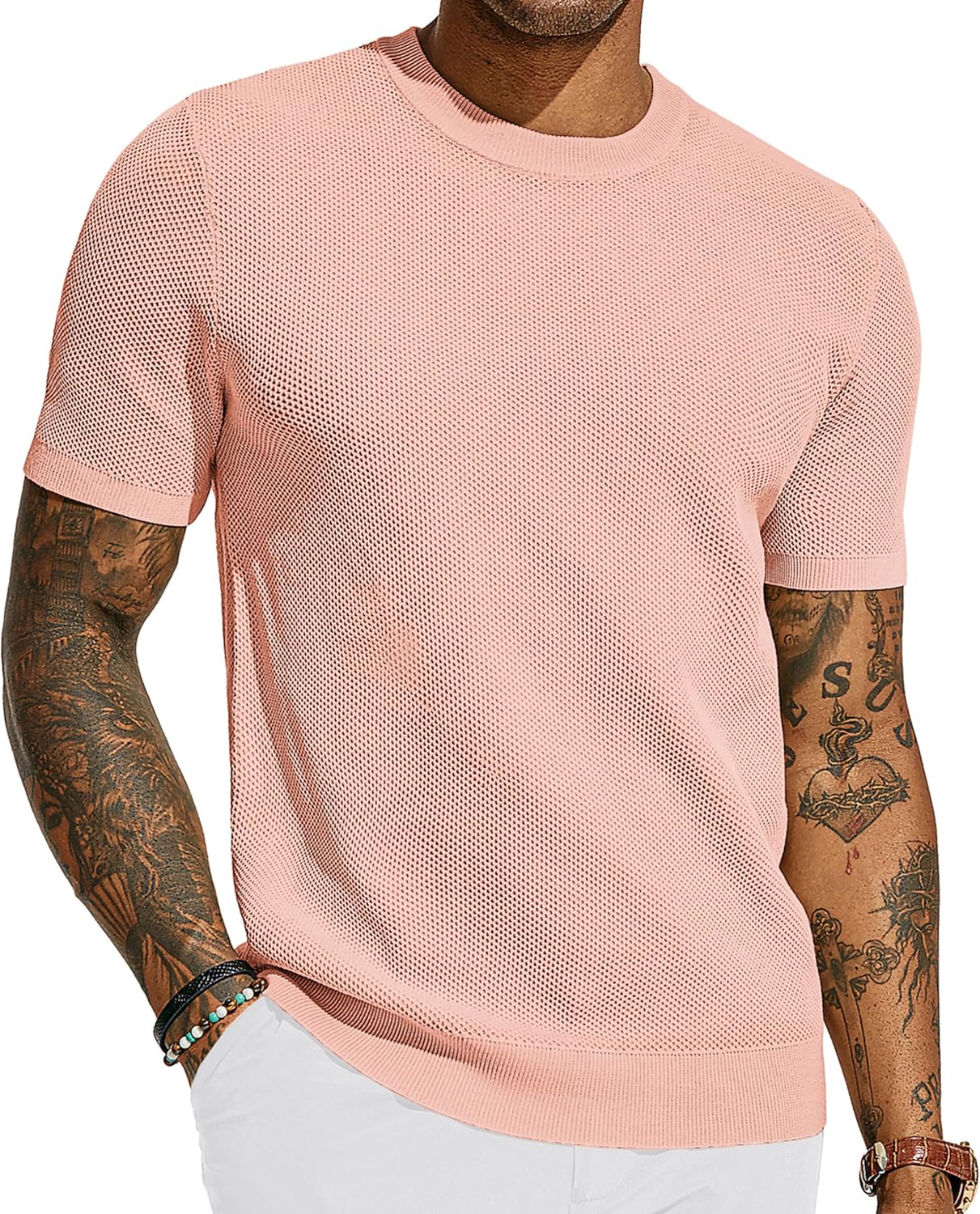 PJ PAUL JONES Men's T-Shirts Casual Knit Short Sleeve Crewneck Honeycomb Waffle...