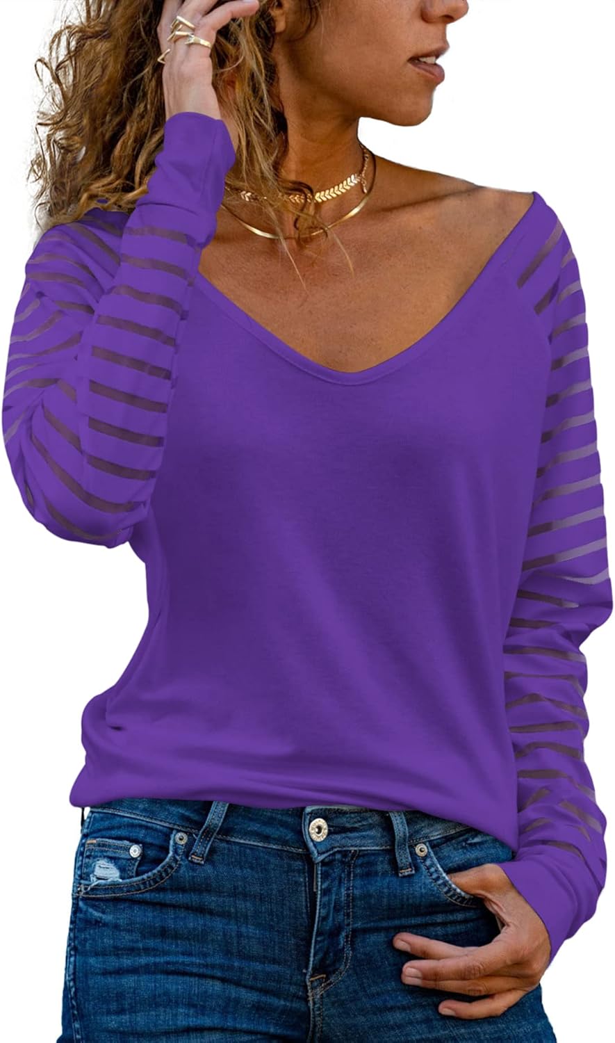AISEW Womens V Neck T-Shirt, Special Long/Short Sleeve Tee, Innovative Striped S...