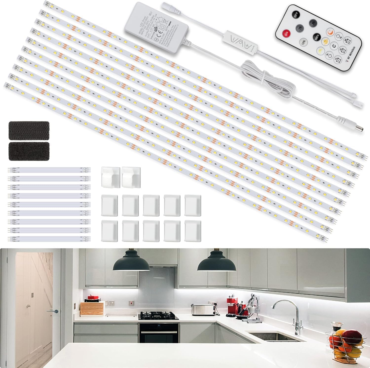 Enteenly Under Cabinet Strip Lights Kit 5m, White Dimmable LED Lighting Strip wi...