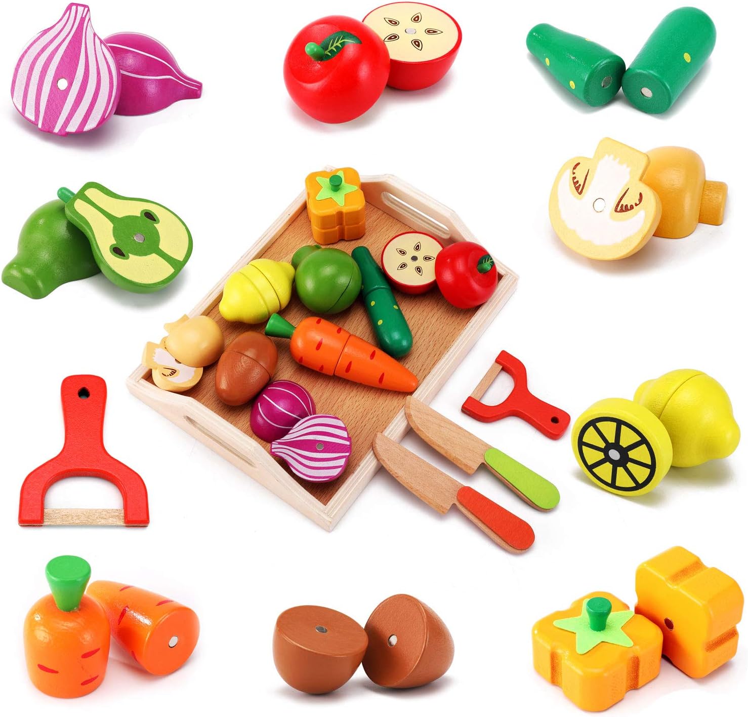 Wooden Toys Food for Kids Kitchen - Play Food Cutting Fruits and Vegetables Set...