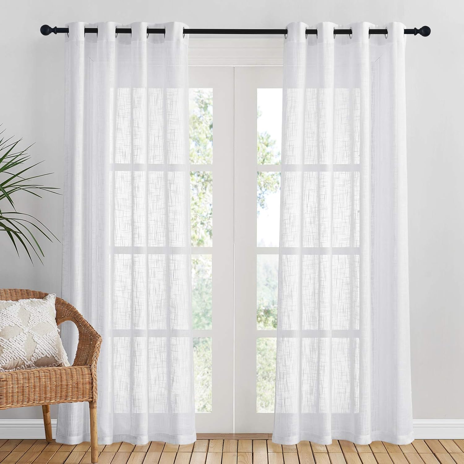 PONY DANCE White Eyelet Net Curtains - Voile Curtains with Linen Effect for Bedr...