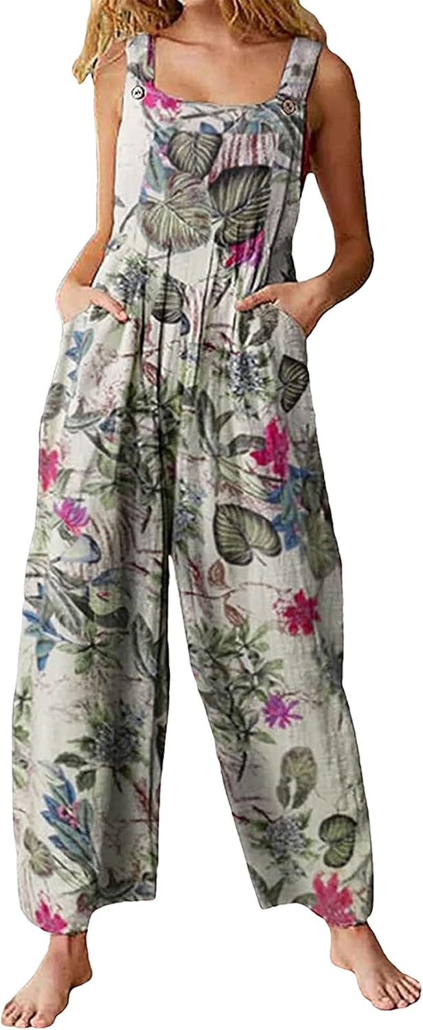 Fiona Jolin Overalls Women Summer Boho Floral Loose Wide Leg Jumpsuits with Pock...