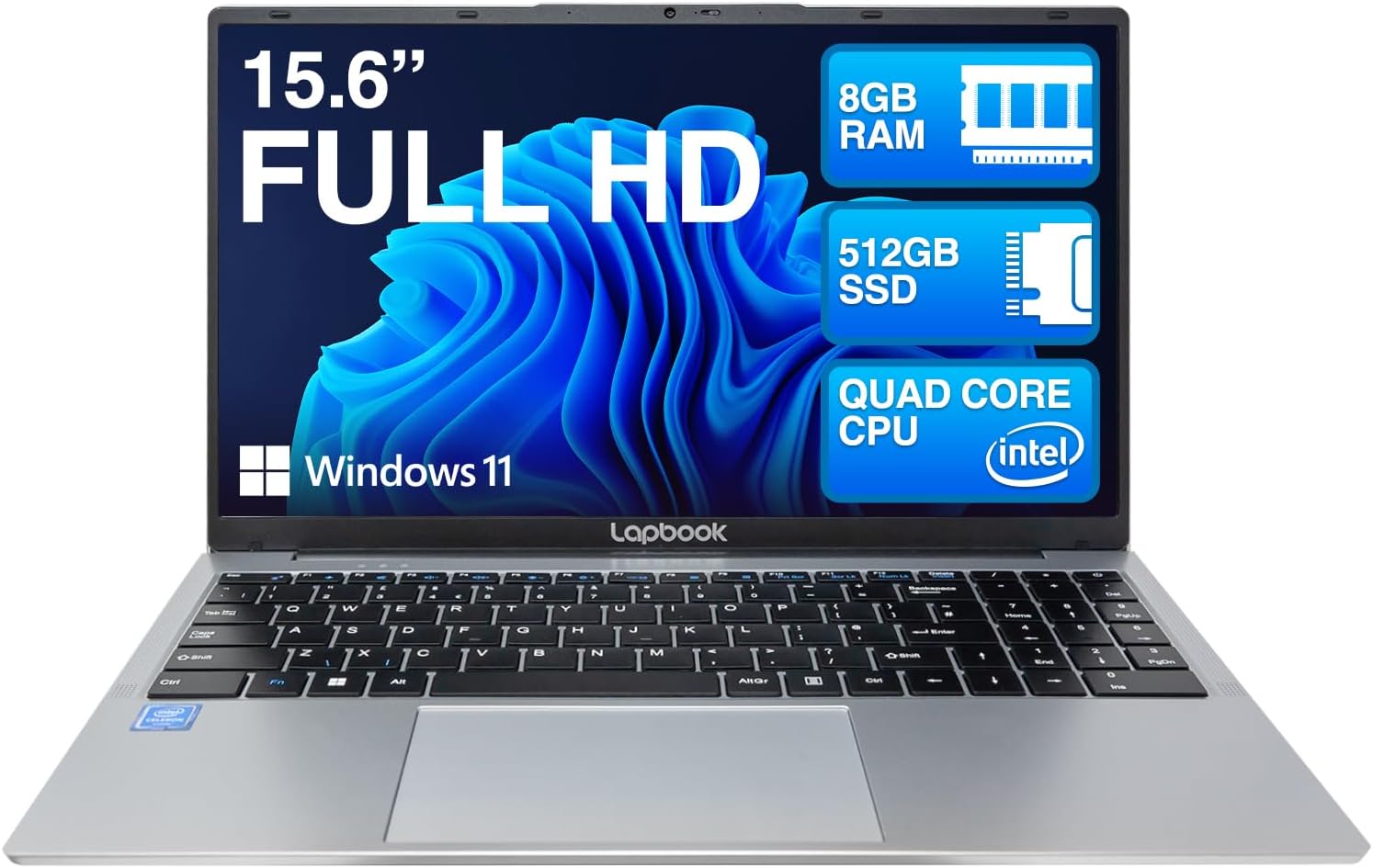 15.6" Full HD Laptop - 8GB RAM 512GB SSD, Windows 11 Home OS, J4125 Quad-Core CP...