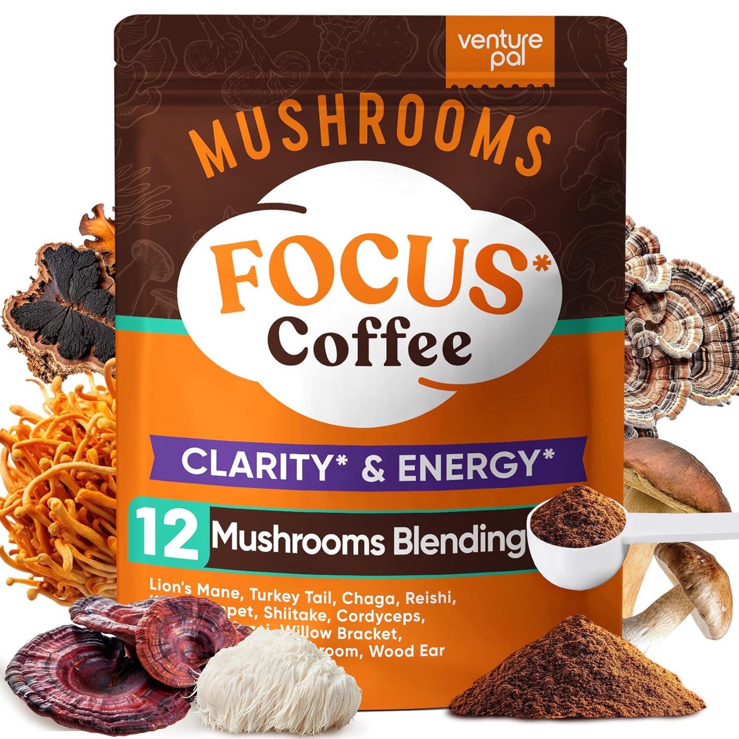 Venture Pal 12 Mushrooms Coffee Powder with Ashwagandha, Lion's Mane, Reishi, Pr...
