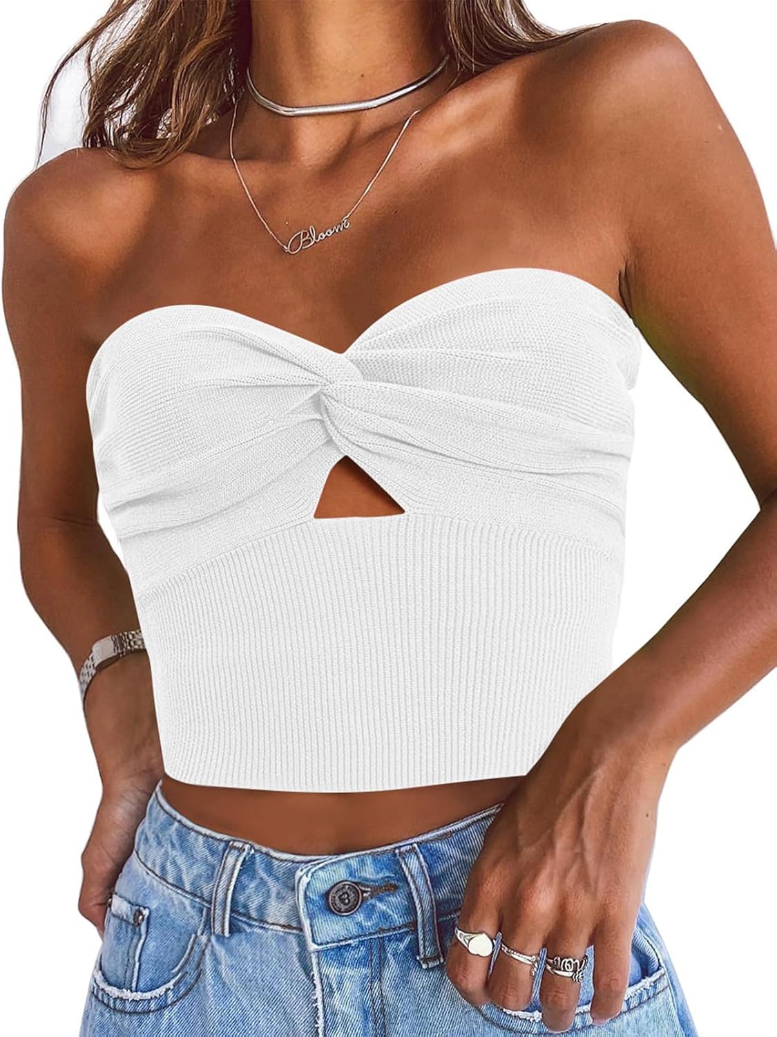EFAN Womens Tube Tops Going Out Cut Twist Knot Front Bandeau Ribbed Knit Y2K Str...