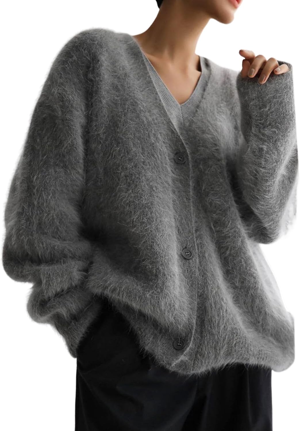 Yimoon Womens Fuzzy Cardigan Sweater V Neck Long Sleeve Button Down Slouchy Furr...