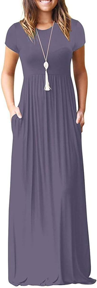 DEARCASE Maxi Dress for Women Short Sleeve Casual Summer Loose Plain Comfy Long...