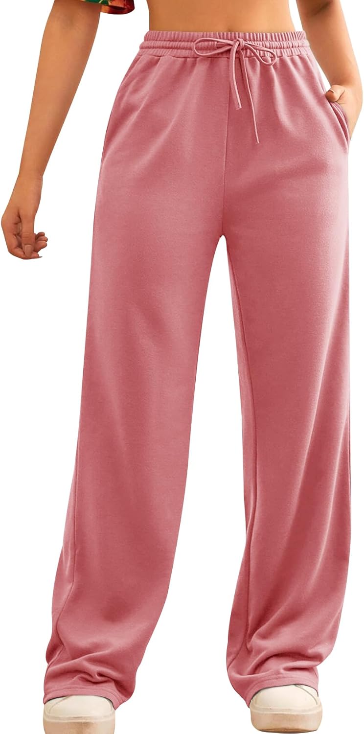Wide Leg Sweatpants for Women Elastic High Waisted Drawstring Loose Pants with P...