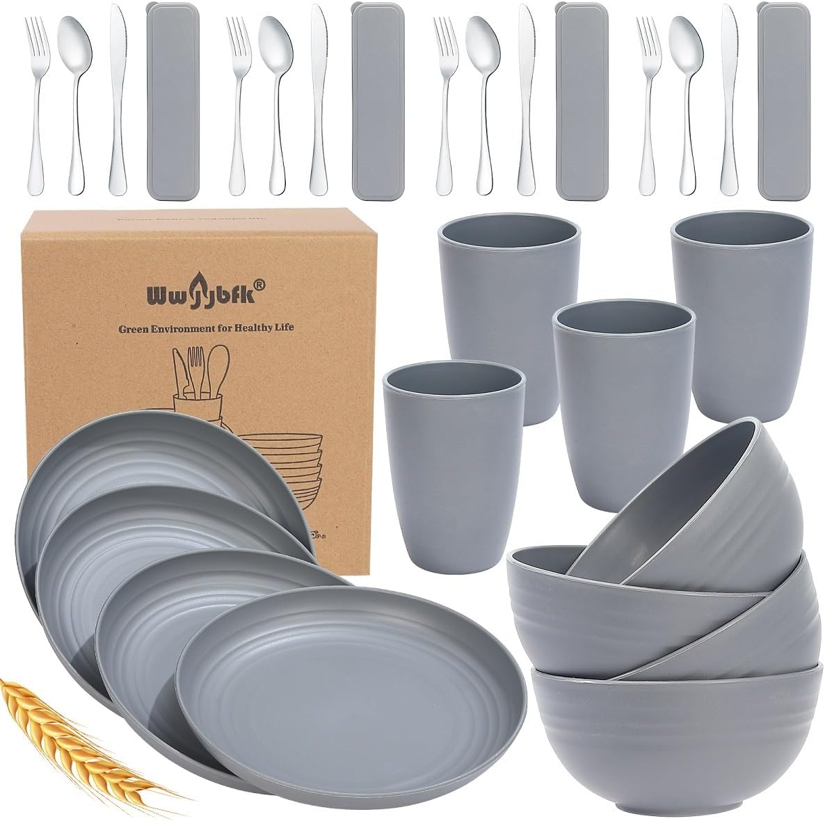 28PCS Wheat Straw Dinnerware Set for 4, Kitchen Wheat Straw Plates and Bowls Set...
