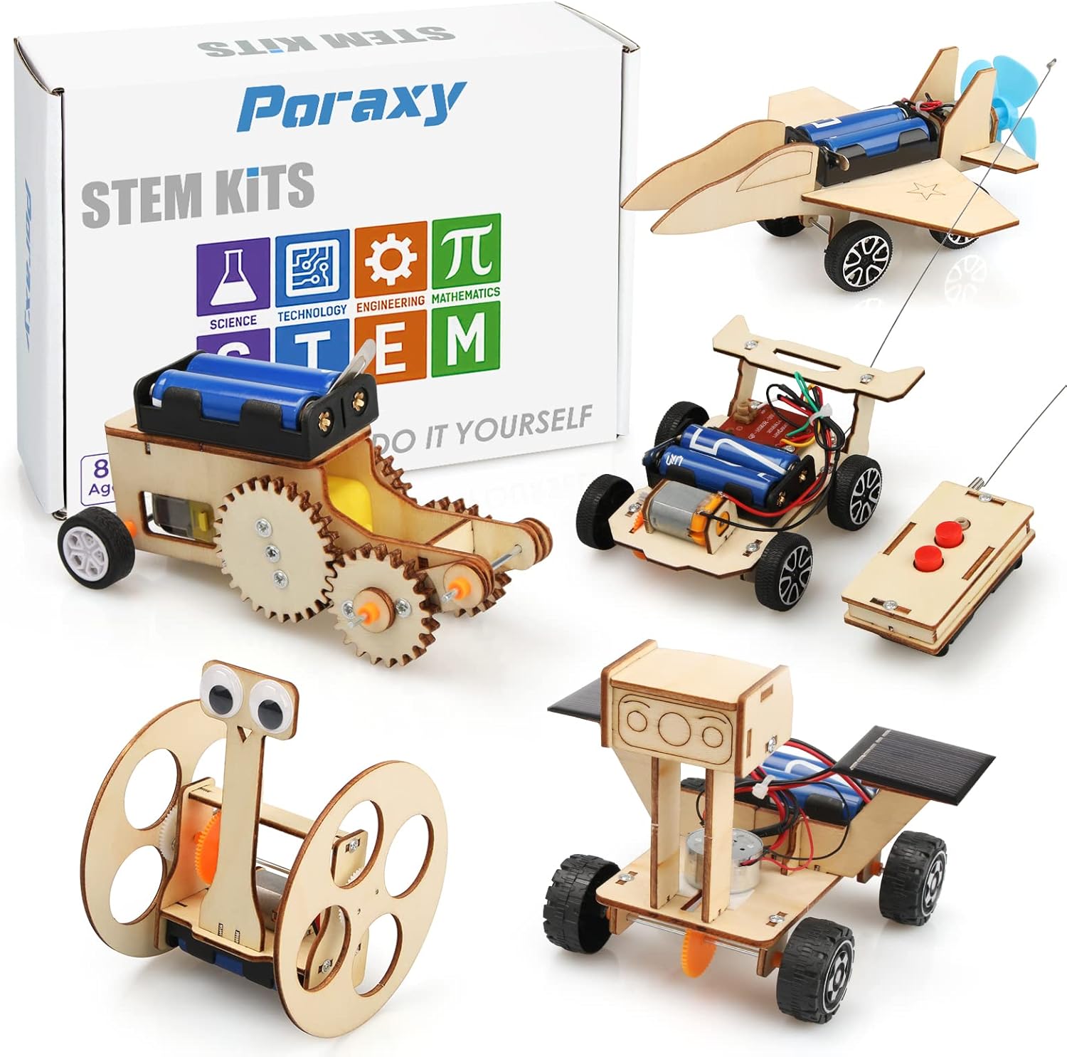 Poraxy STEM Model Car Kits, Toys for Boys Age 8-12, 5 in 1 Kids Wood Building Ki...