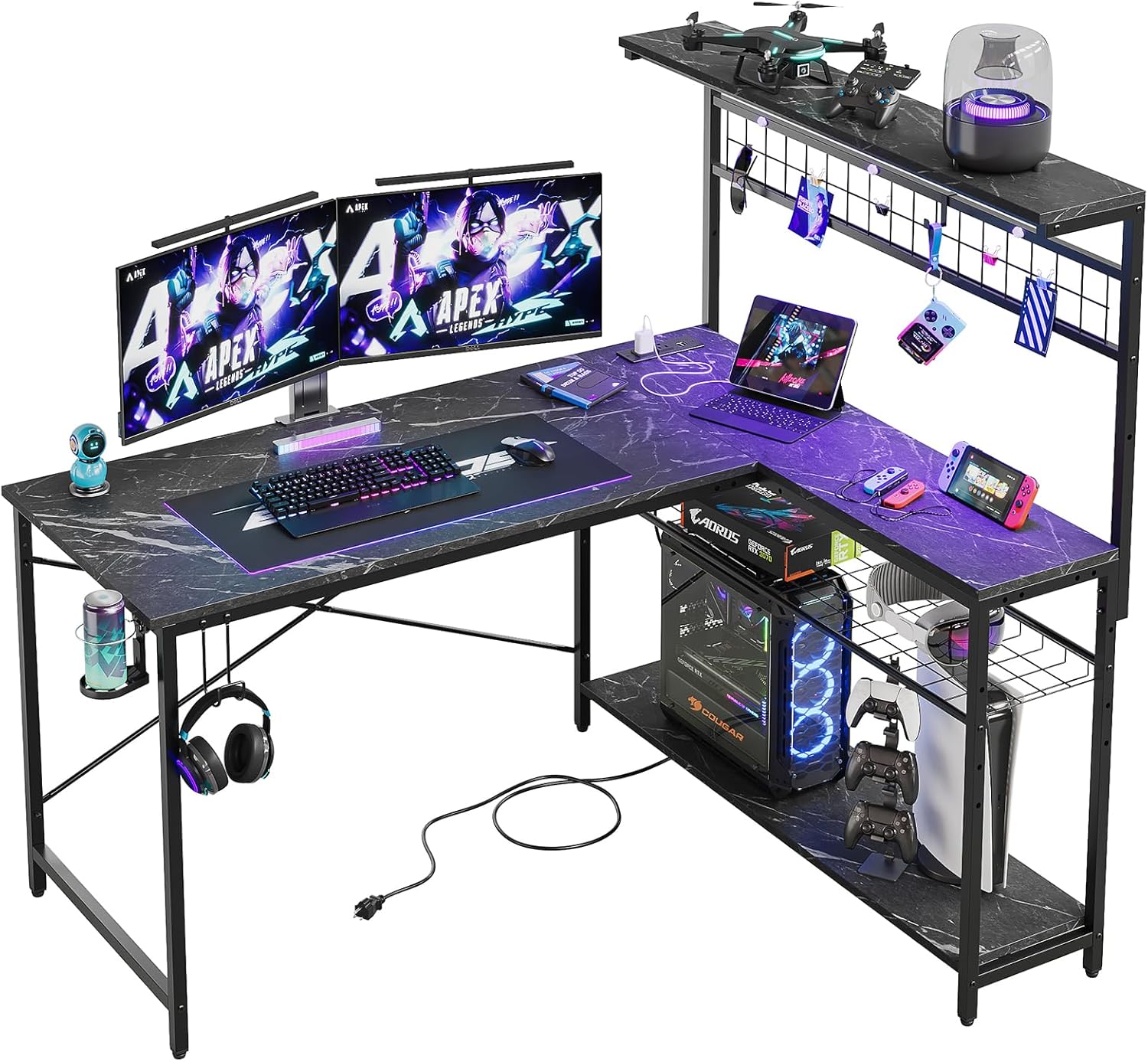 Bestier Gaming Desk 51" L-Shaped, with Power Outlets & LED Lights- 4 Tier Shelve...