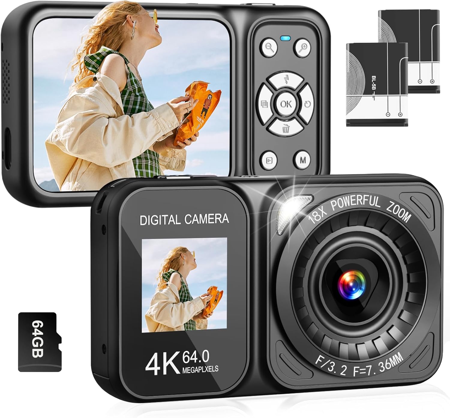 Digital Camera, 4K 64MP Dual Screens Camera, 18X Zoom, Point and Shoot Digital C...