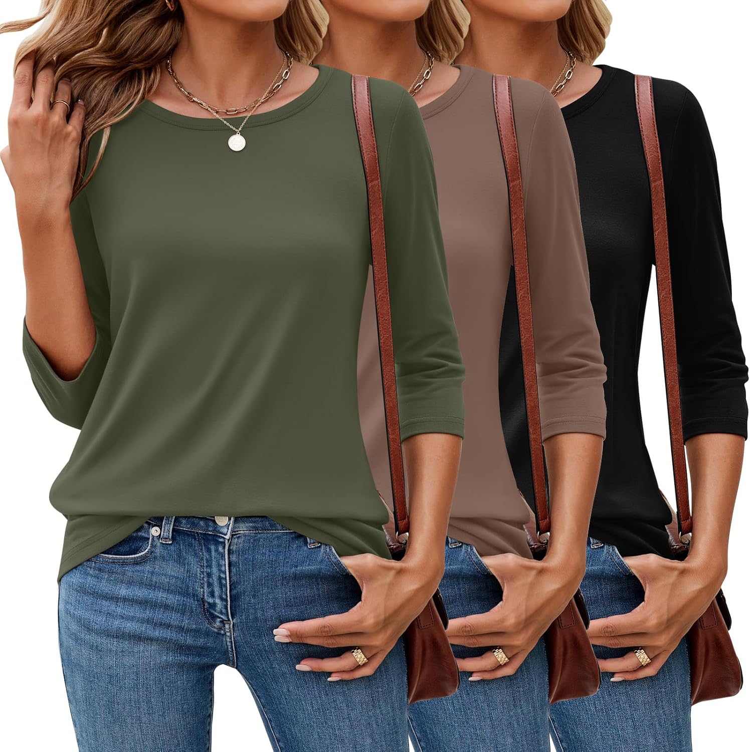 Trendy Ficerd Women's Tops, Special 3 Pack 3/4 Sleeve Tops, Essential Dressy Bas...