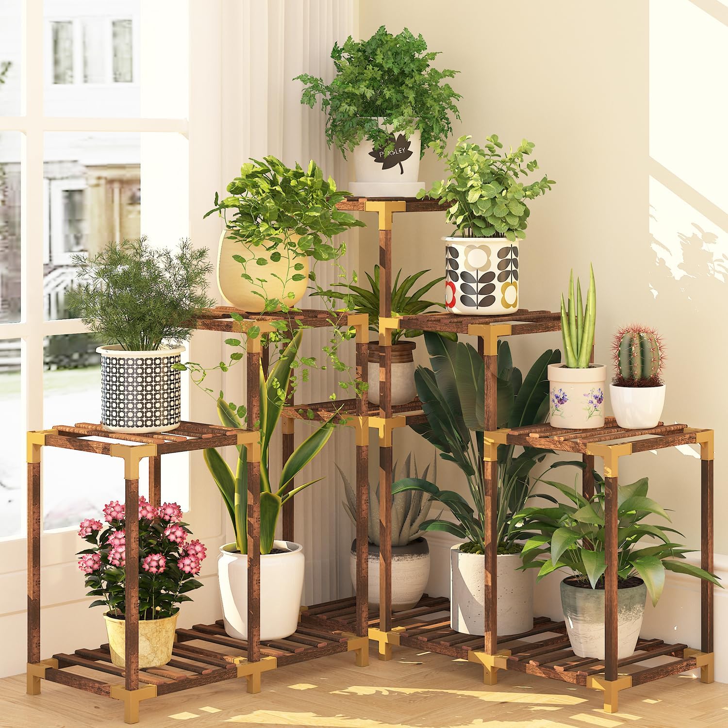 HOMKIRT Plant Stand Indoor Outdoor, 11 Tier Corner Shelf Wood Rack Organizer Dis...
