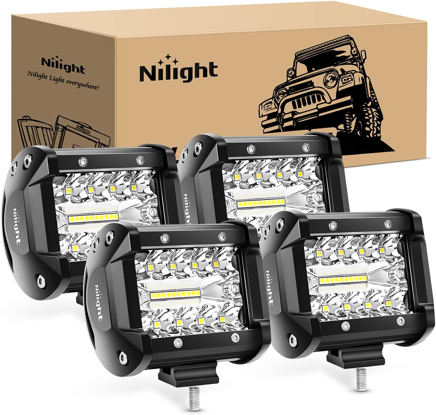 Nilight 4Pcs LED Pods 4Inch 60W Triple Row Flood S...