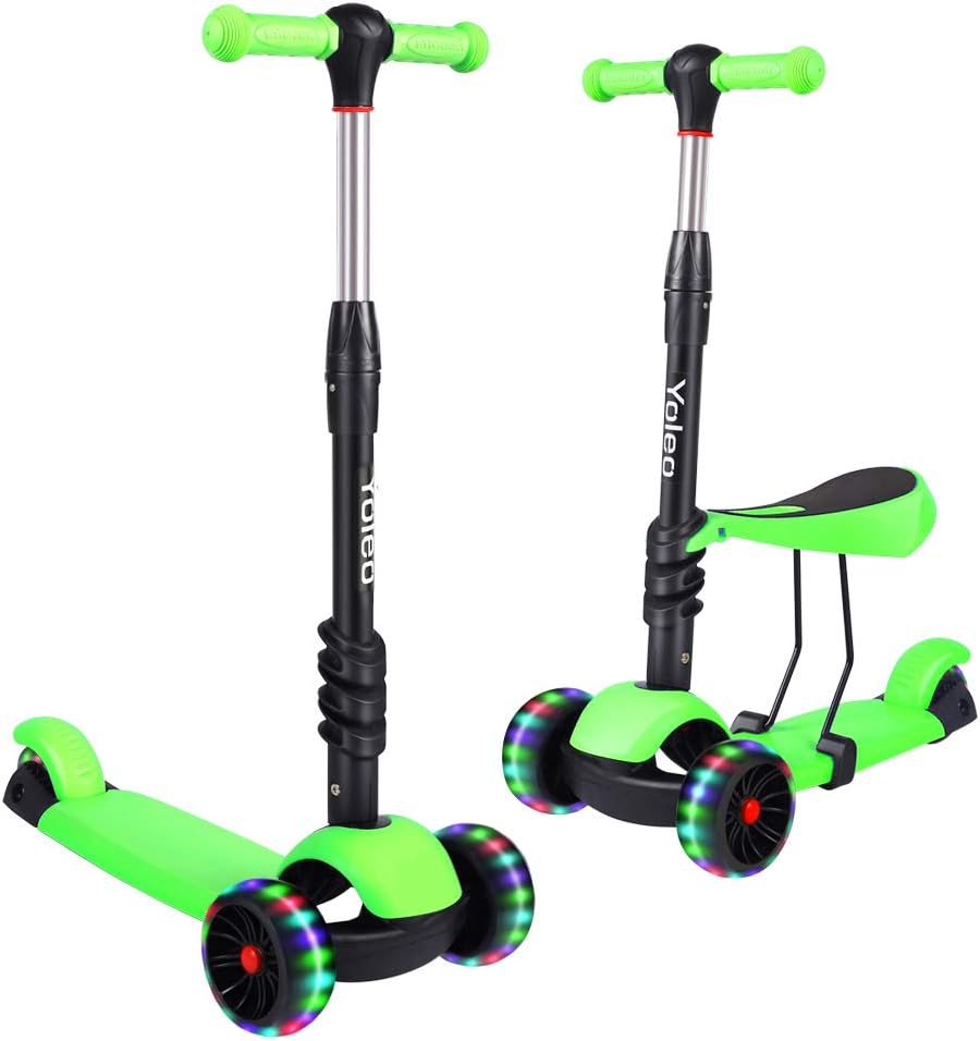 YOLEO Kids Three Wheel Kick Scooter with Removable Seat, LED Flashing Wheels, He...
